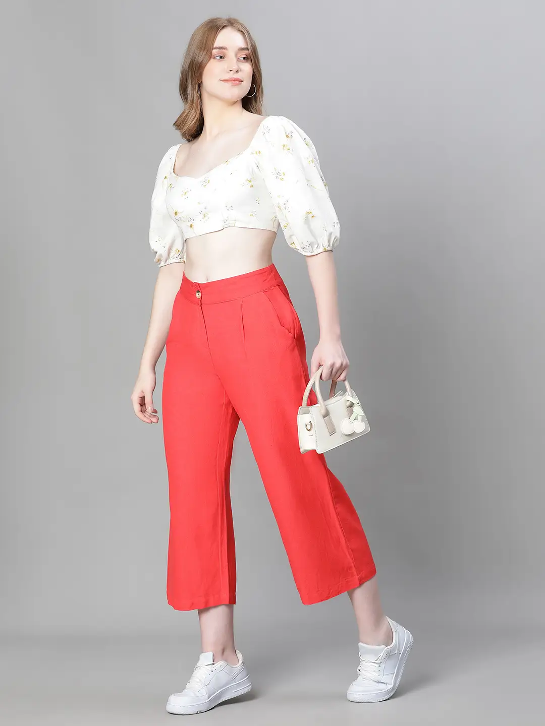 Women Solid Red Elasticated Button Pant - Image 8