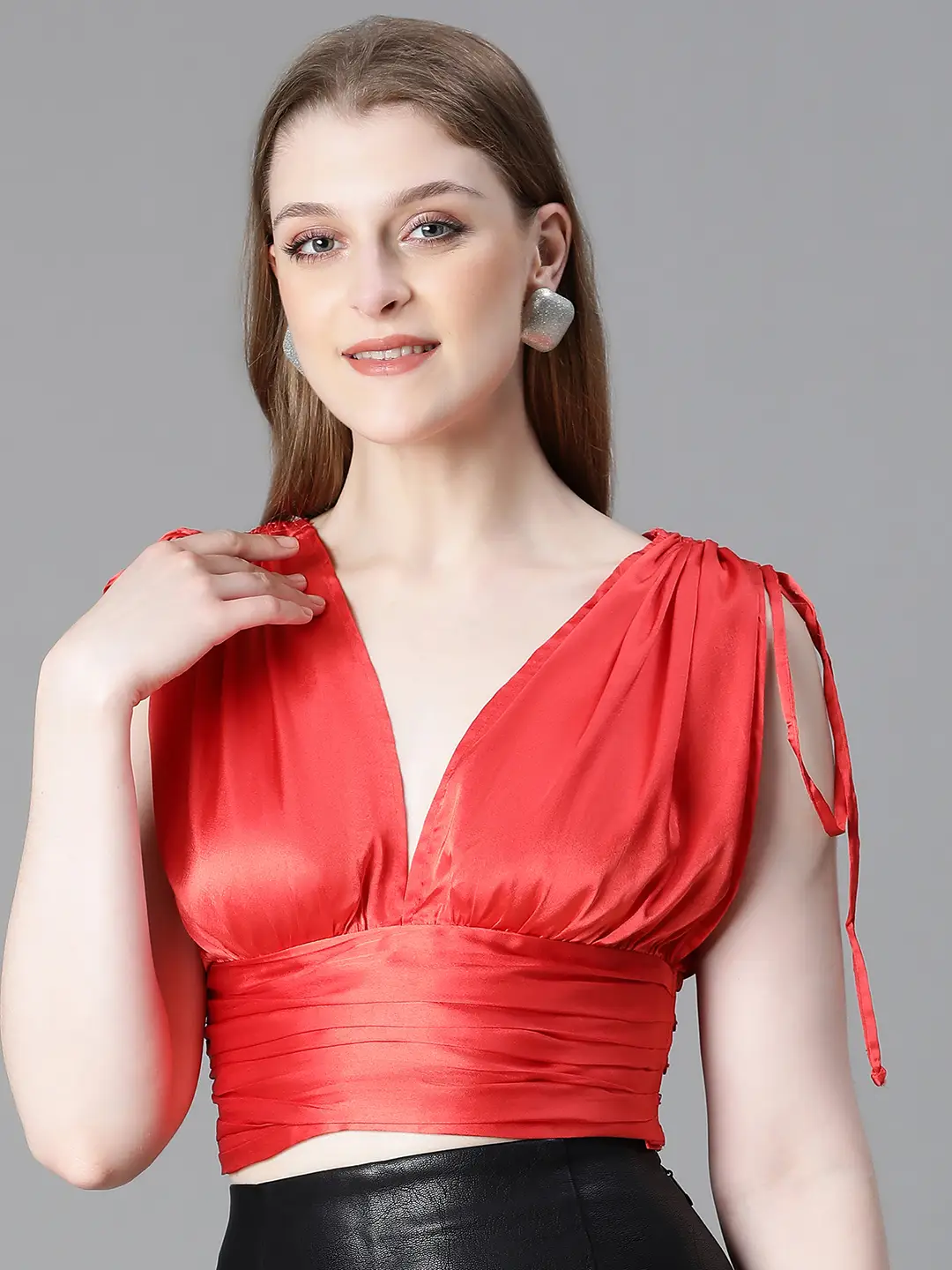 Women Solid Red V-Neck Elasticated Tie-Up Satin Crop Top - Image 3