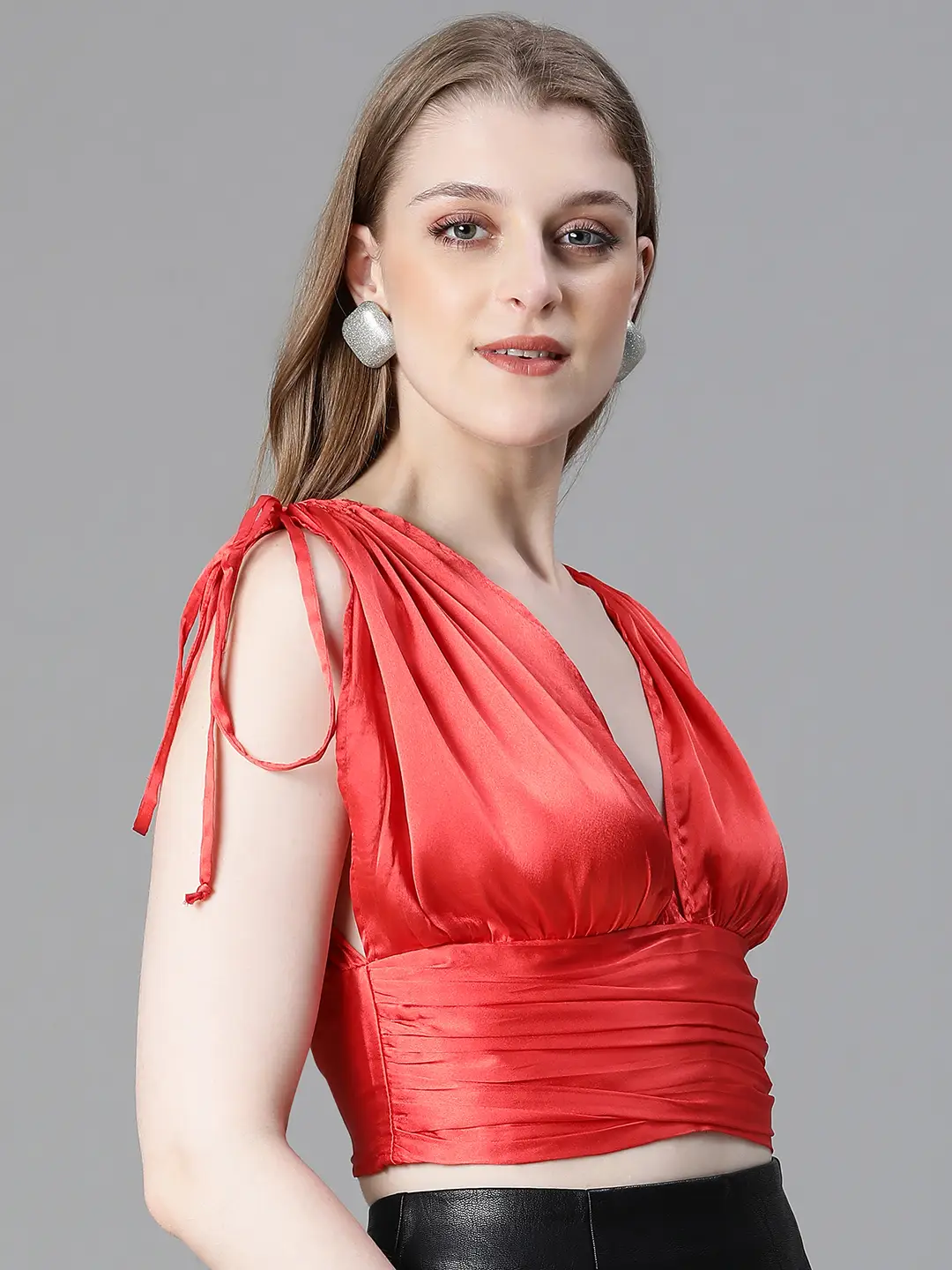 Women Solid Red V-Neck Elasticated Tie-Up Satin Crop Top - Image 4