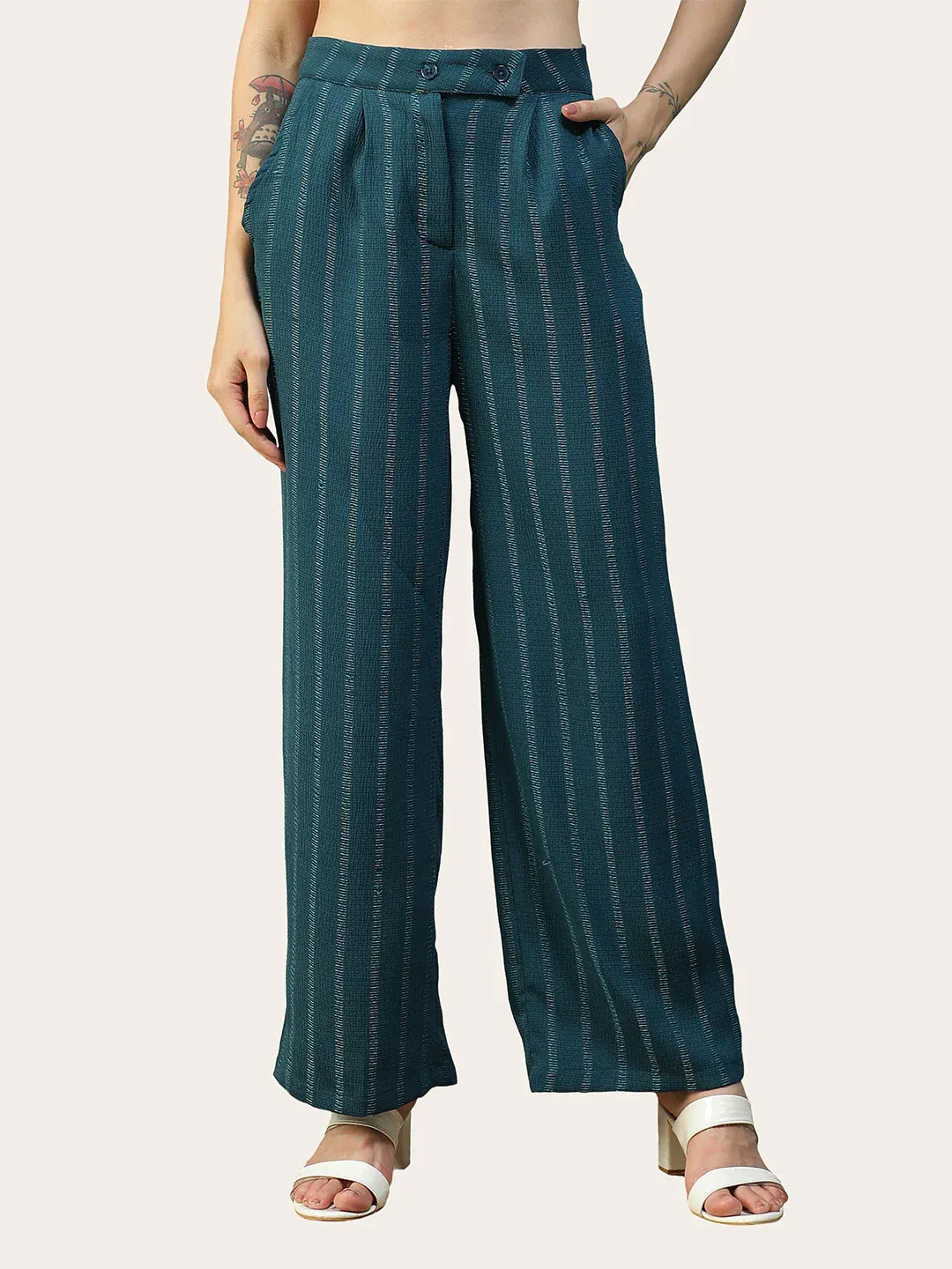 Women Teal Straight Pants with Zip & Button Closure
