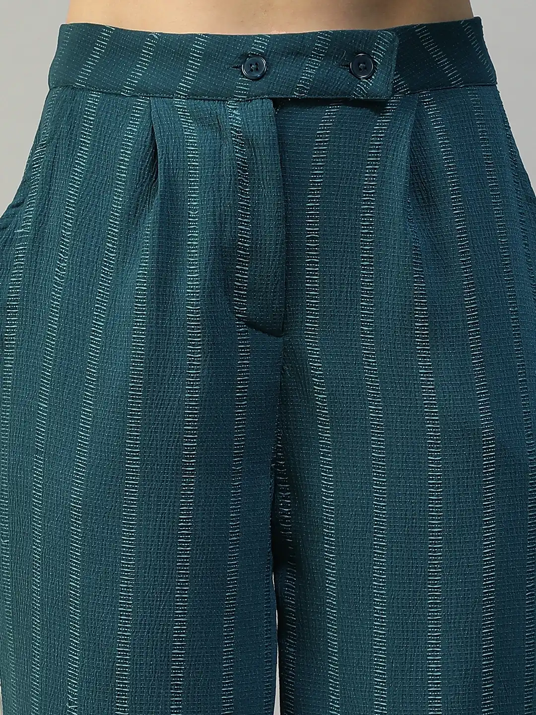 Women Teal Straight Pants with Zip & Button Closure - Image 2