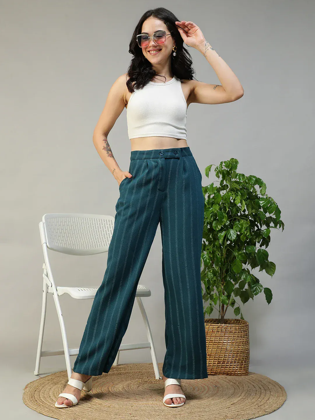 Women Teal Straight Pants with Zip & Button Closure - Image 6