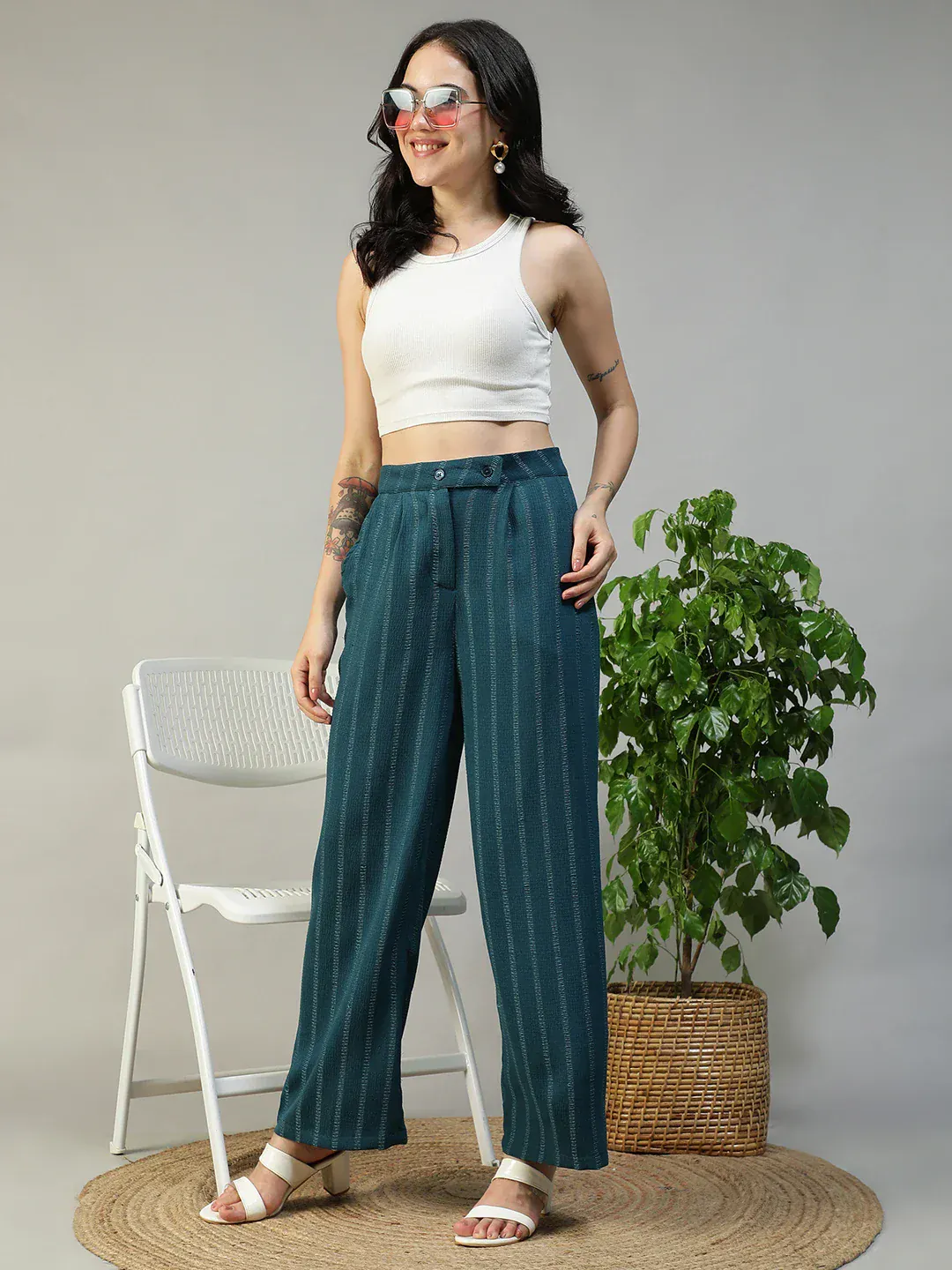 Women Teal Straight Pants with Zip & Button Closure - Image 7