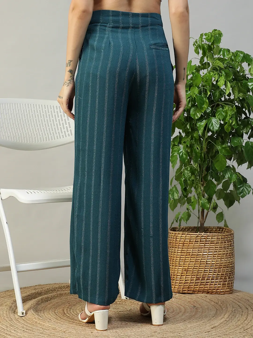 Women Teal Straight Pants with Zip & Button Closure - Image 8