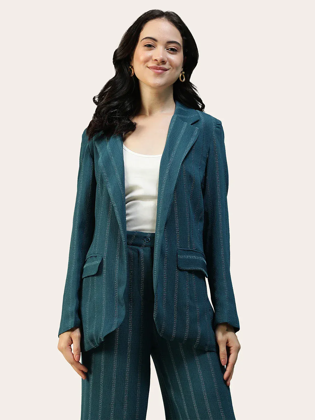 Women Teal Stripe Dobby Button-Down Blazer With Front Pockets | Oxolloxo