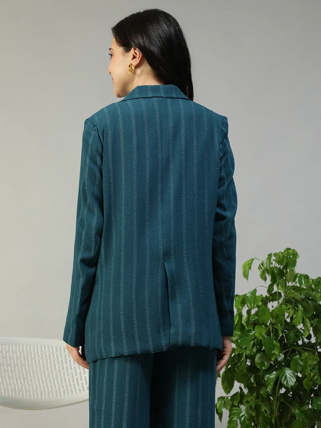 Women Teal Stripe Dobby Button-Down Blazer With Front Pockets | Oxolloxo - Image 5