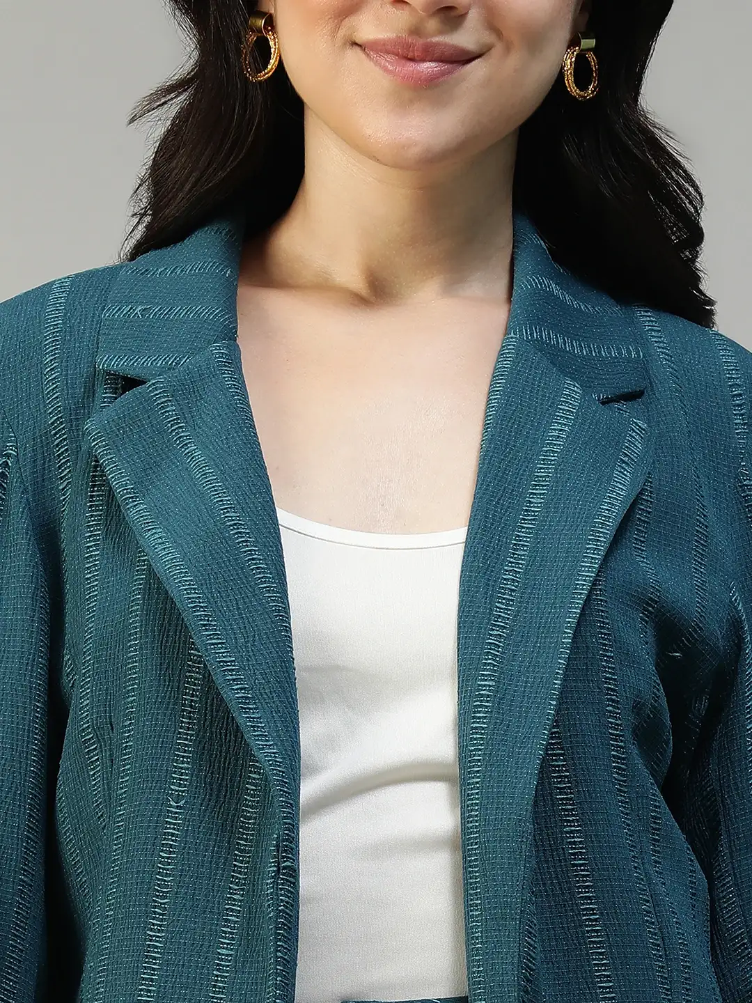 Women Teal Stripe Dobby Button-Down Blazer With Front Pockets | Oxolloxo - Image 6