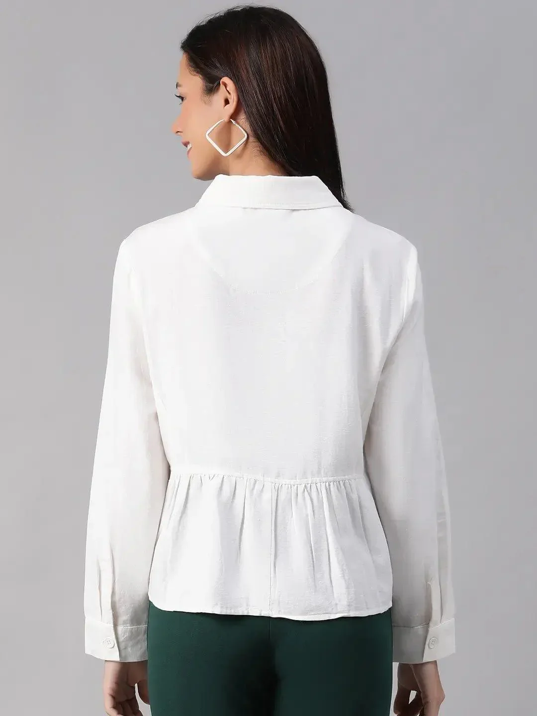 Women White Collared Long Sleeve Floral Embellished Buttoned Cotton Bomber Jacket - Image 5