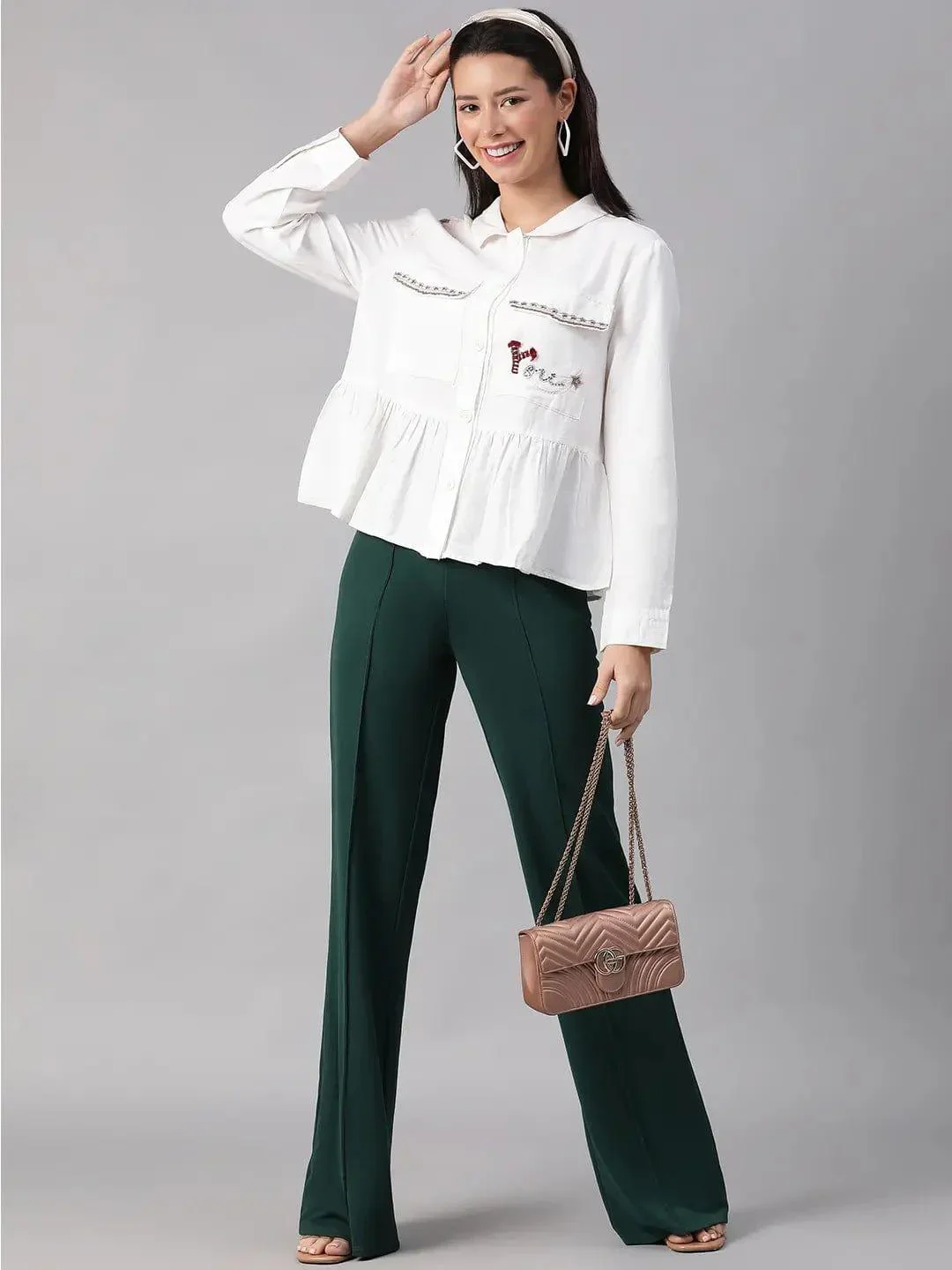 Women White Collared Long Sleeve Floral Embellished Buttoned Cotton Bomber Jacket - Image 7