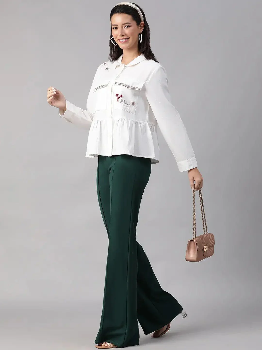 Women White Collared Long Sleeve Floral Embellished Buttoned Cotton Bomber Jacket - Image 8