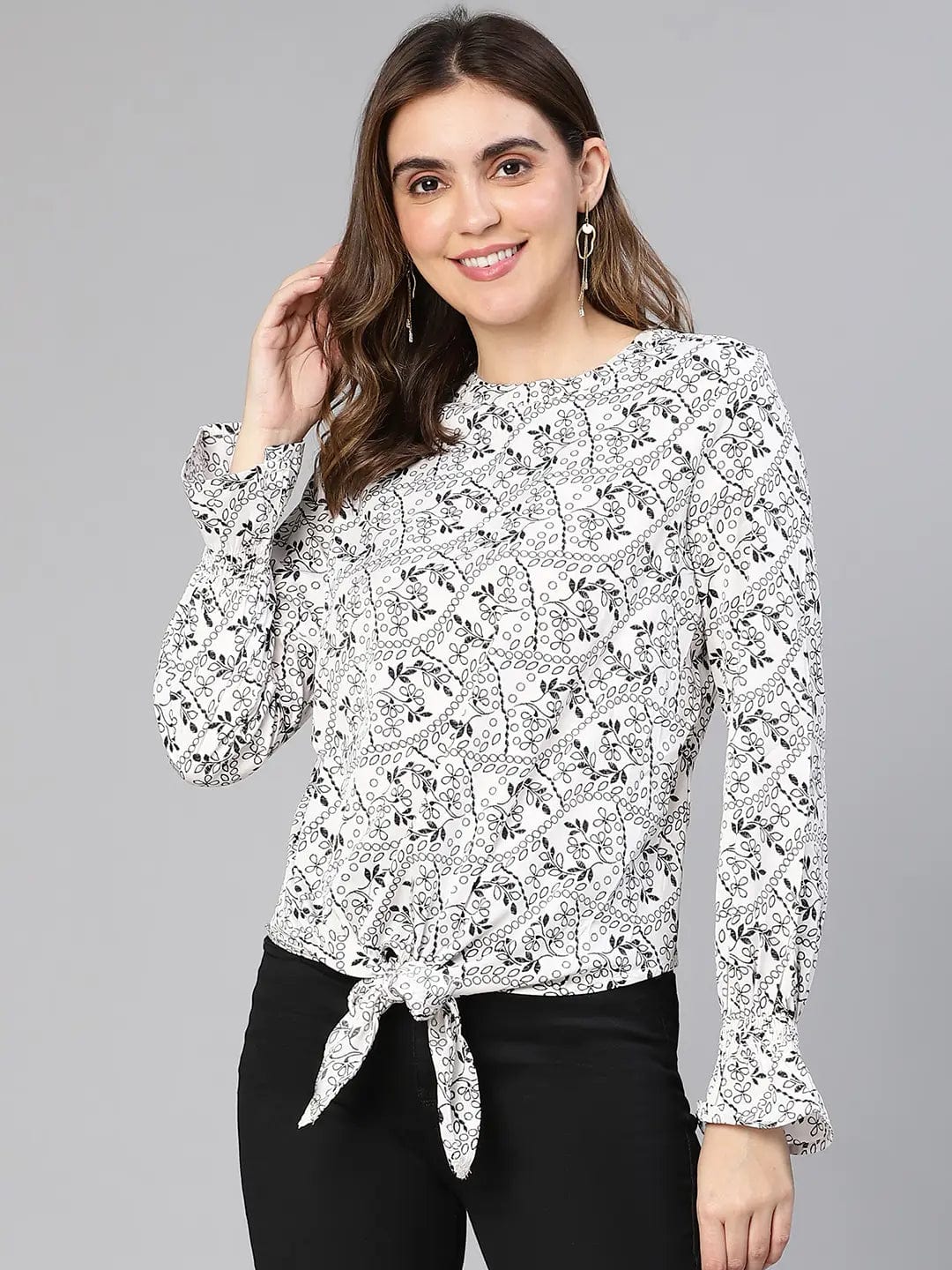 Women White Floral Print Tie-Knotted Polyester Top