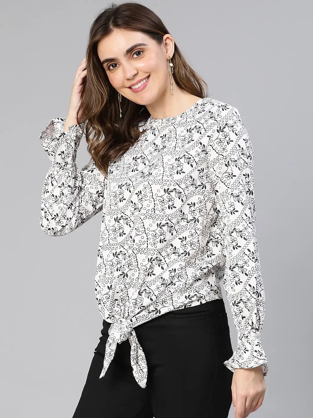Women White Floral Print Tie-Knotted Polyester Top - Image 3