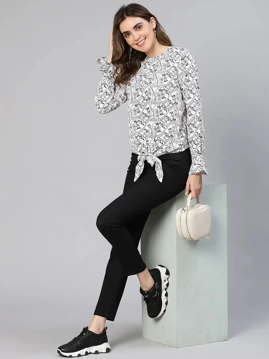 Women White Floral Print Tie-Knotted Polyester Top - Image 7
