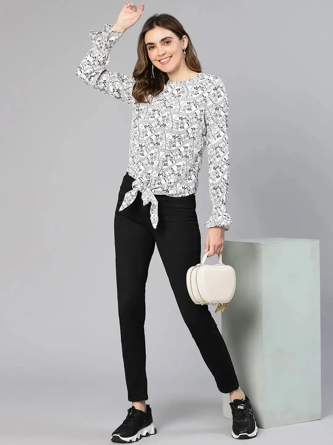 Women White Floral Print Tie-Knotted Polyester Top - Image 8