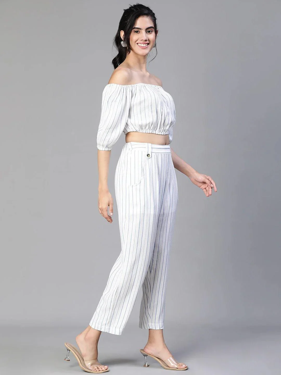 Women White Stripe Print Cold Shoulder Top and Pant - Image 2