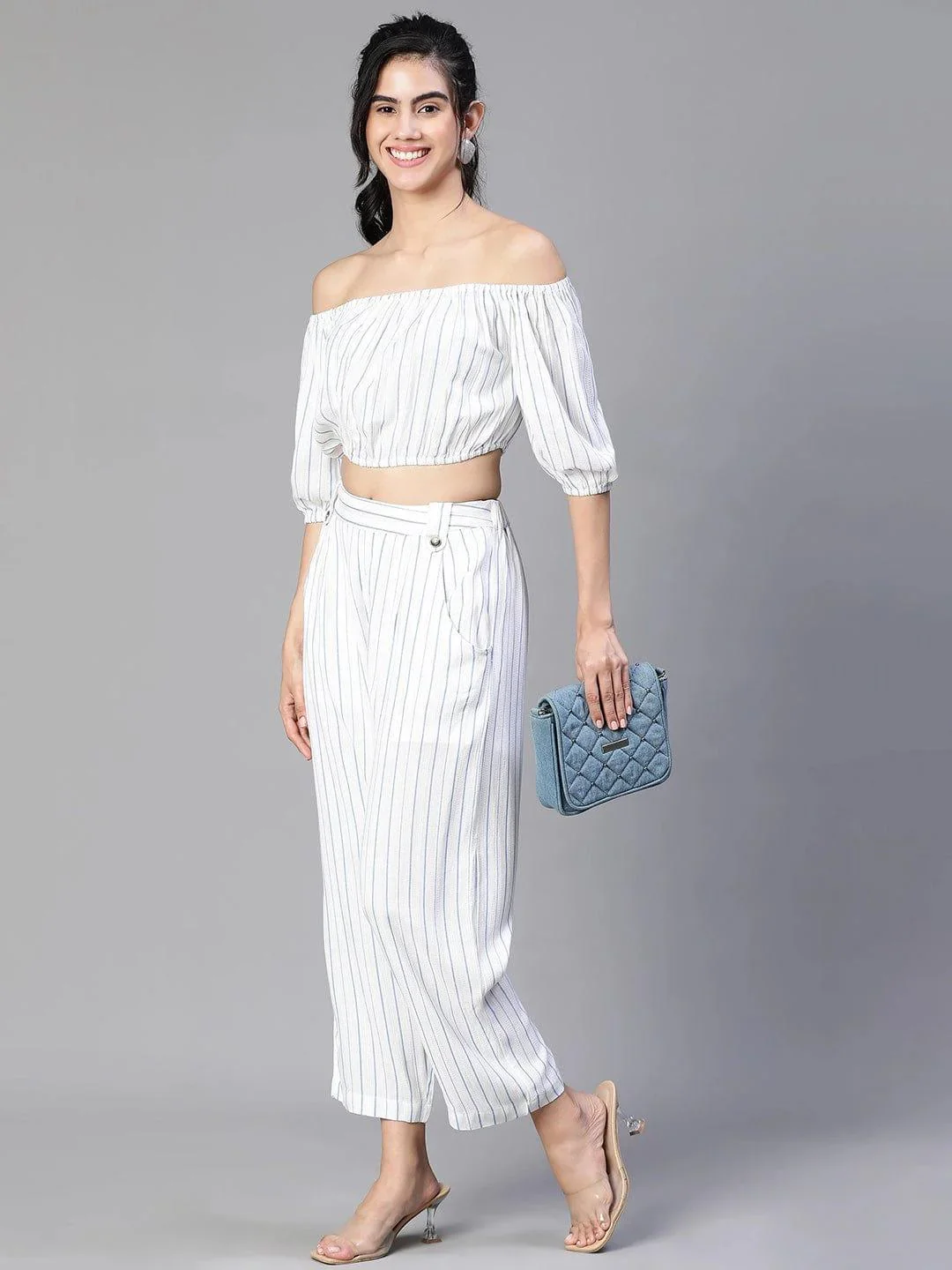 Women White Stripe Print Cold Shoulder Top and Pant - Image 3
