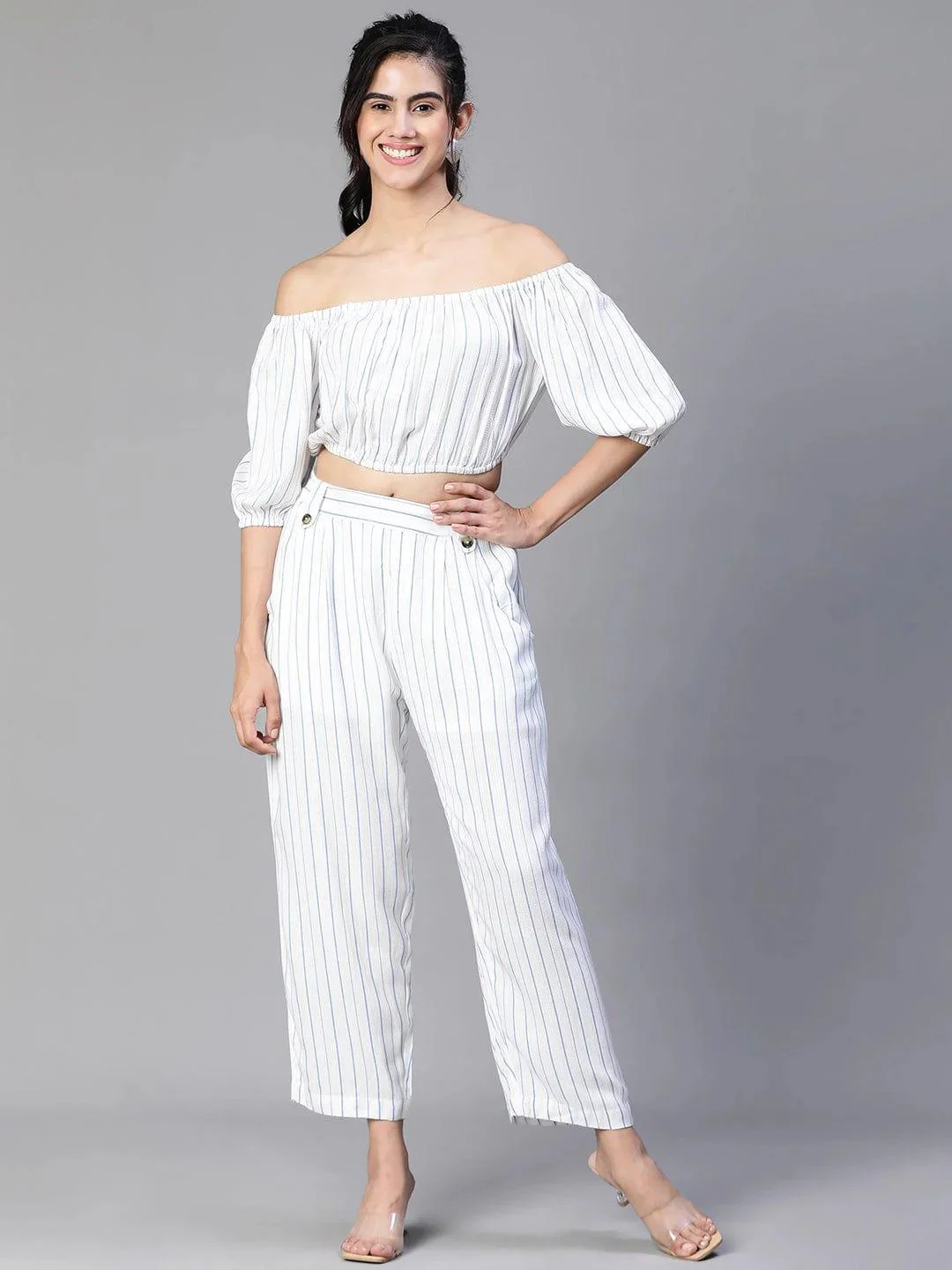 Women White Stripe Print Cold Shoulder Top and Pant - Image 4