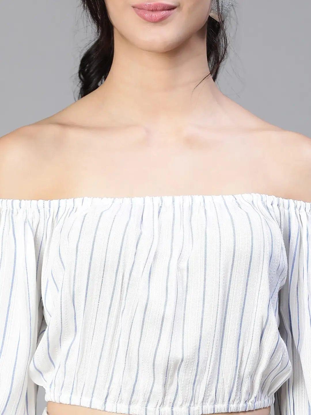 Women White Stripe Print Cold Shoulder Top and Pant - Image 8