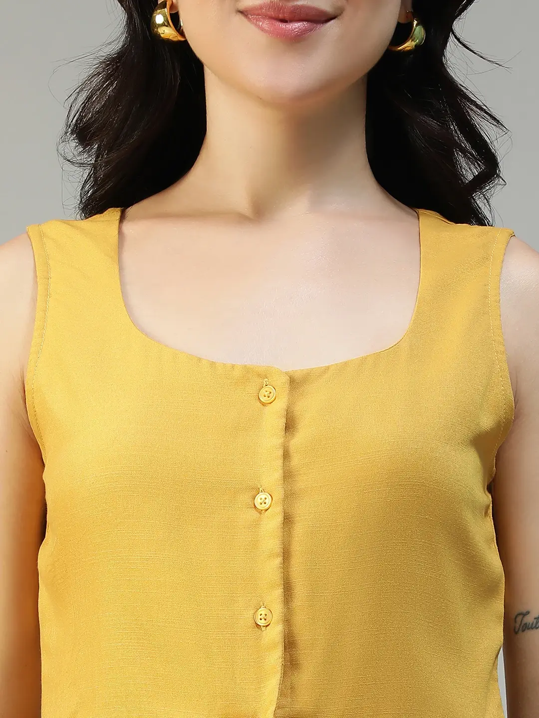 Women Yellow Button Down Sleeveless Top With Back Tie-Up Belt - Image 2