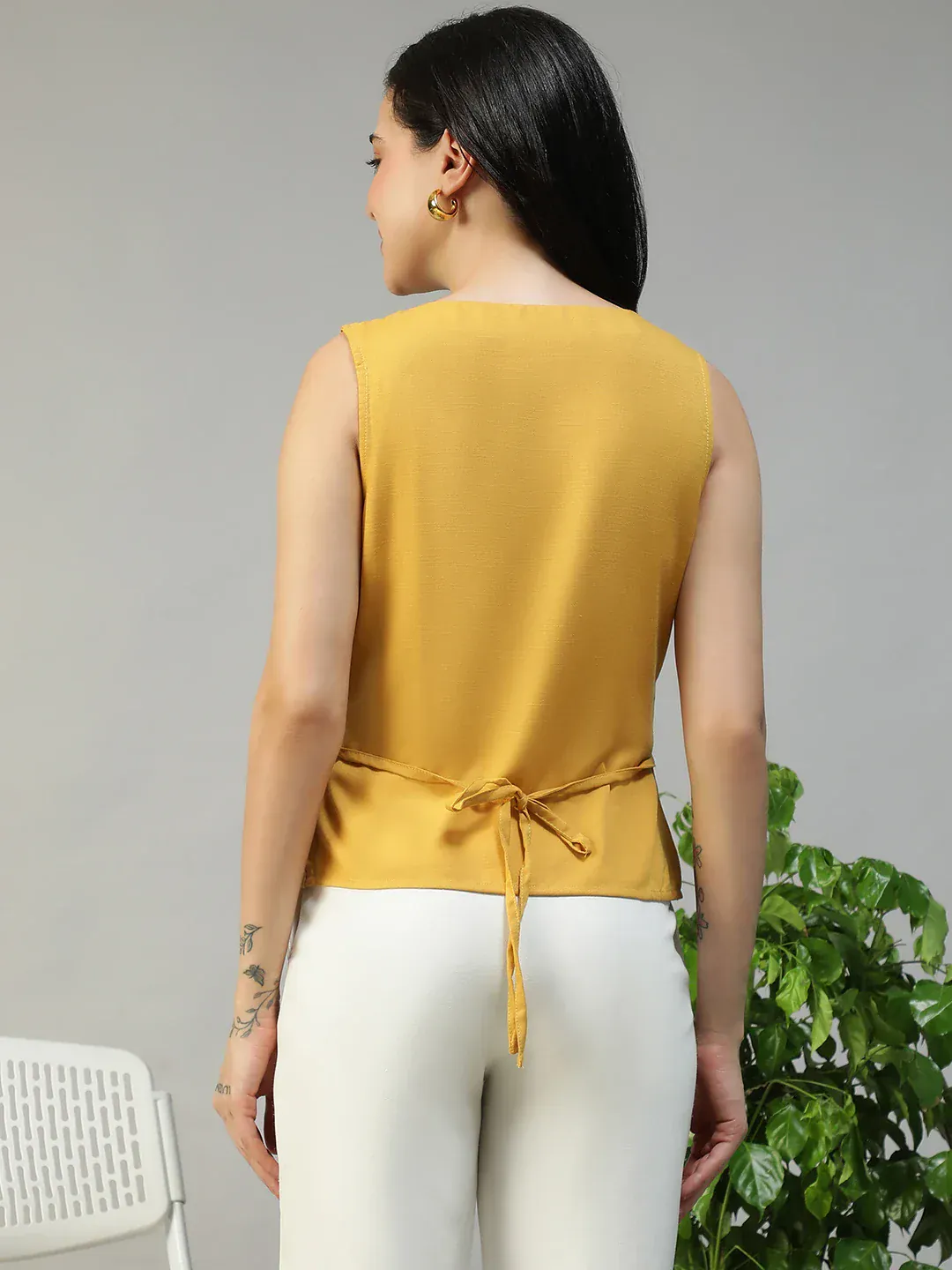 Women Yellow Button Down Sleeveless Top With Back Tie-Up Belt - Image 6