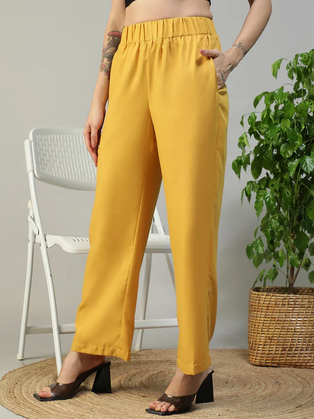Women Yellow Elasticated Waist Straight Pants with Side Pockets - Image 3