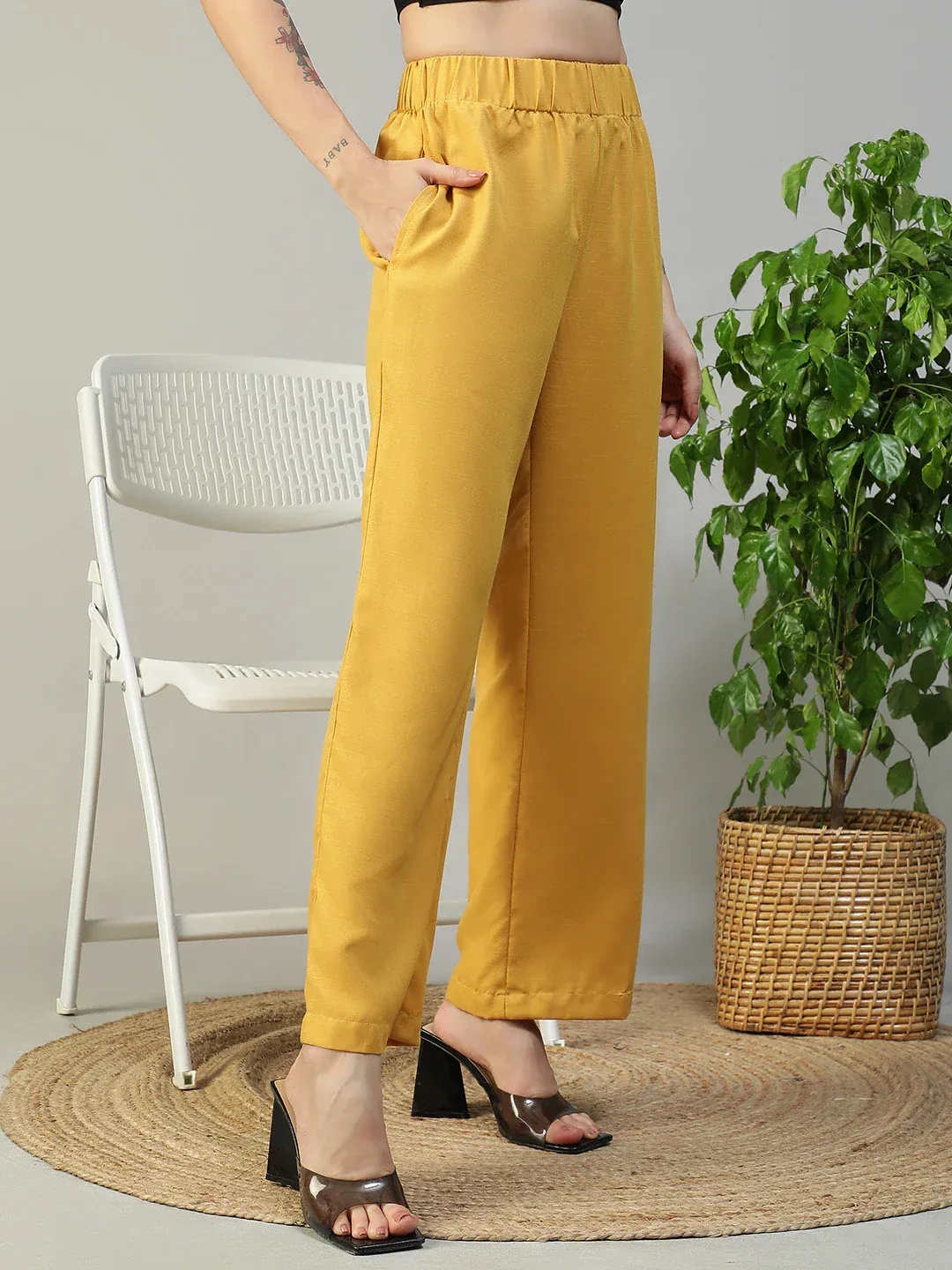 Women Yellow Elasticated Waist Straight Pants with Side Pockets - Image 4