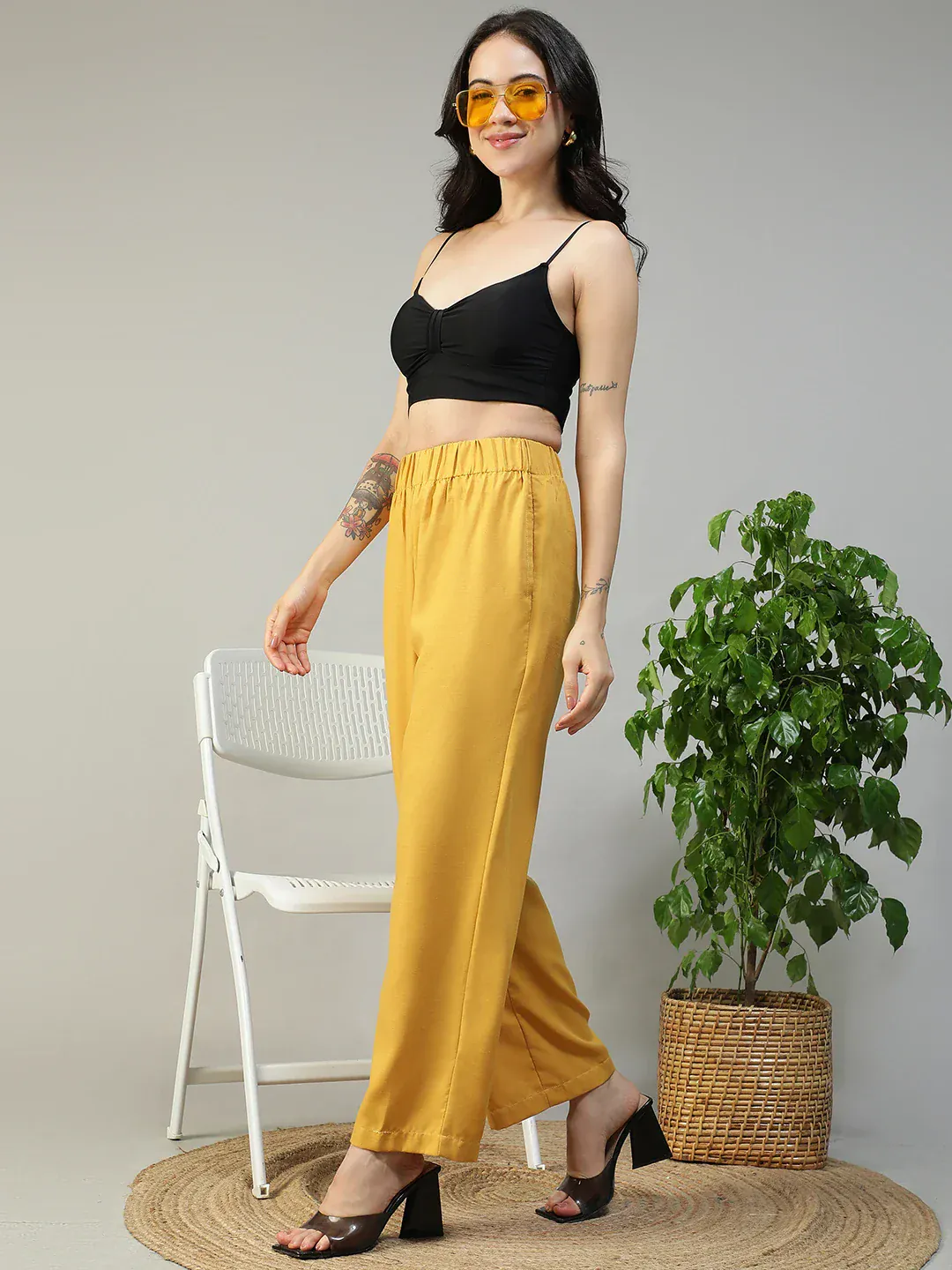 Women Yellow Elasticated Waist Straight Pants with Side Pockets - Image 7