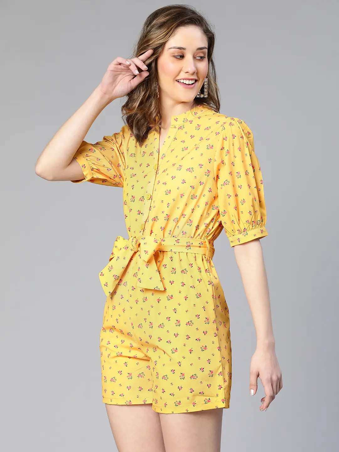 Women Yellow Floral Print Tie-Knot Polyester Belted Playsuit - Image 3