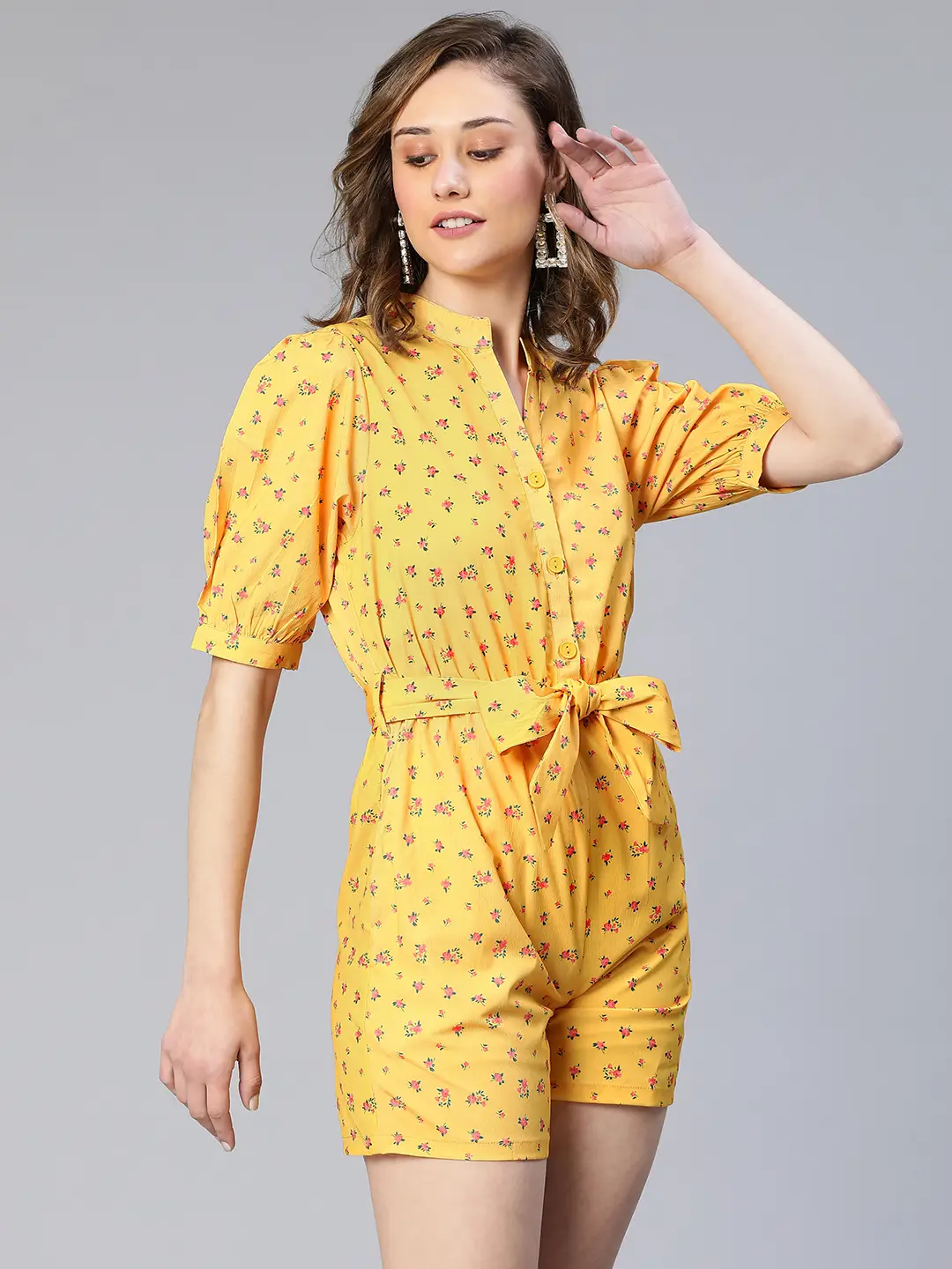 Women Yellow Floral Print Tie-Knot Polyester Belted Playsuit - Image 4
