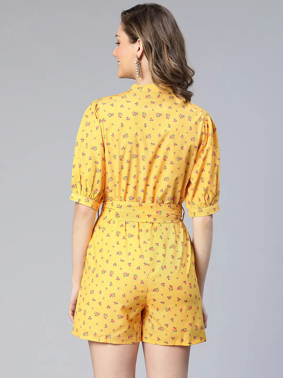 Women Yellow Floral Print Tie-Knot Polyester Belted Playsuit - Image 5