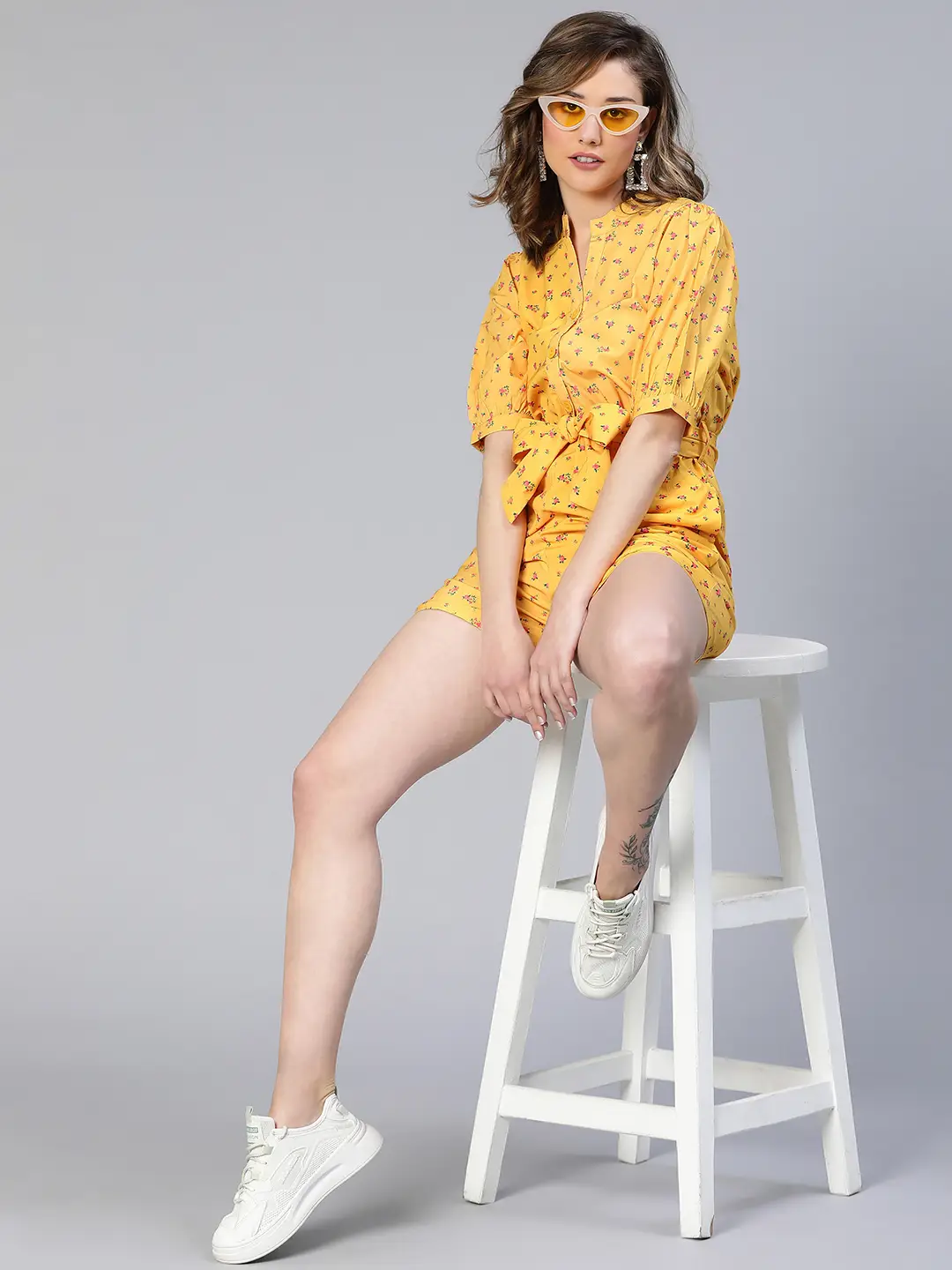 Women Yellow Floral Print Tie-Knot Polyester Belted Playsuit - Image 8
