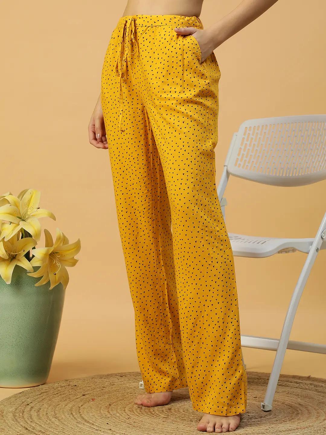 Women Yellow Printed Nightwear Pajama Elastic Waist with Tie-Up - Image 4