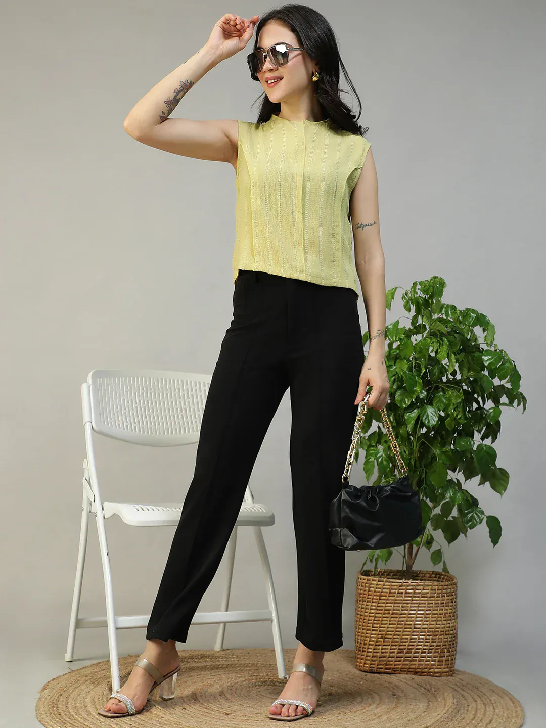 Women Yellow Round Neck Sleeveless Top With Side Zip Closure - Image 7