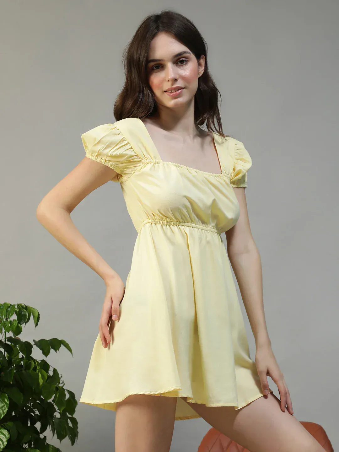 Women Yellow Square Neck Short Sleeve Above Knee Dress - Image 4