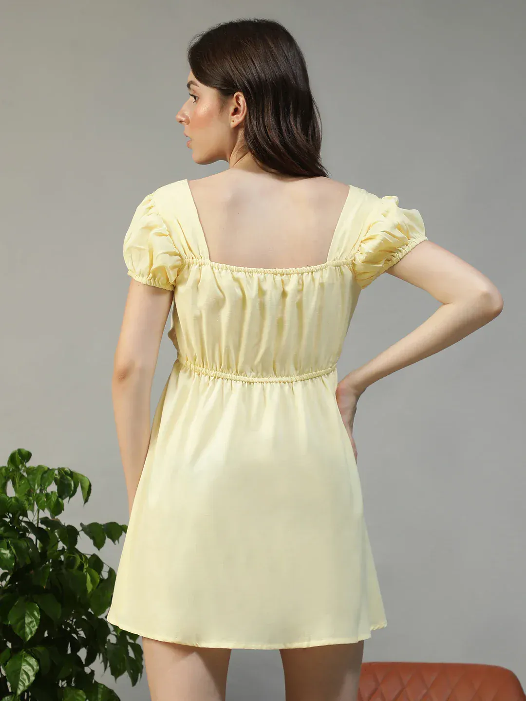 Women Yellow Square Neck Short Sleeve Above Knee Dress - Image 5