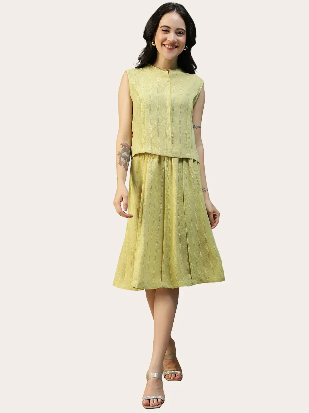 Women Yellow Stripe Sleeveless Top & Knee-Length Skirt Co-Ord Set