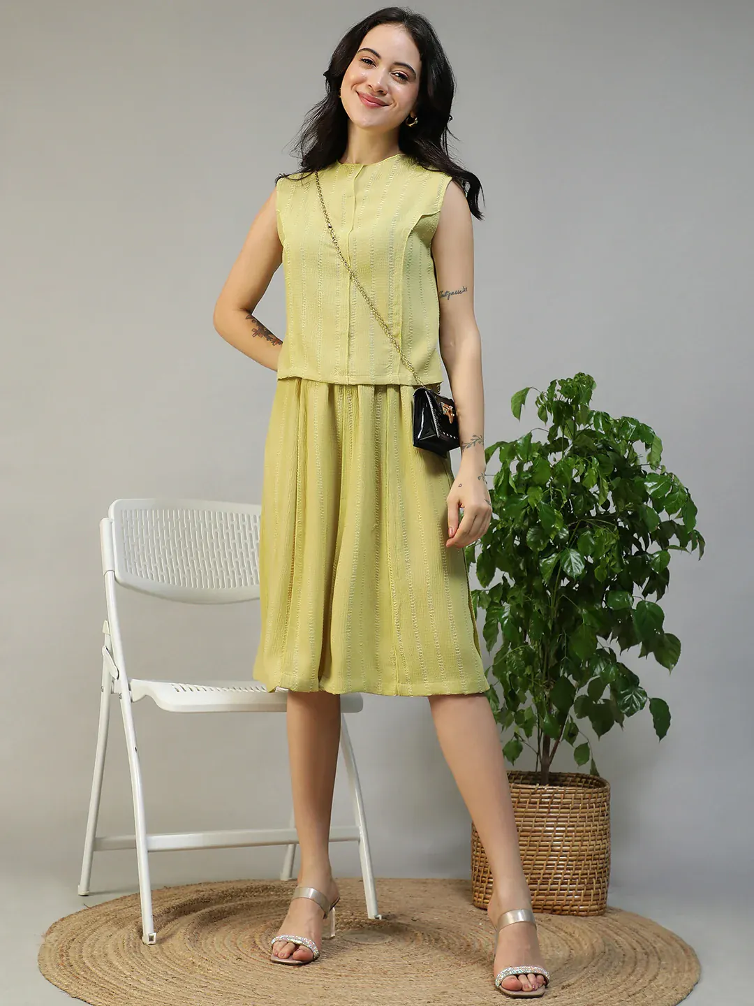 Women Yellow Stripe Sleeveless Top & Knee-Length Skirt Co-Ord Set - Image 3