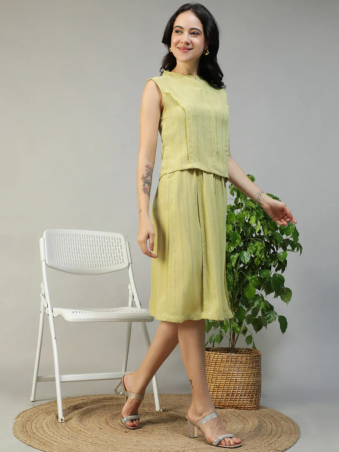 Women Yellow Stripe Sleeveless Top & Knee-Length Skirt Co-Ord Set - Image 5