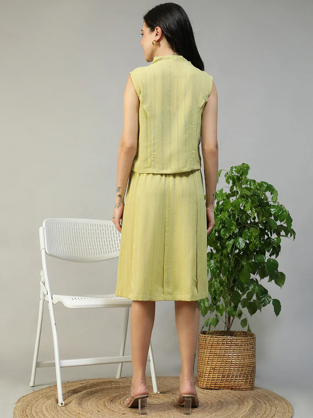 Women Yellow Stripe Sleeveless Top & Knee-Length Skirt Co-Ord Set - Image 6