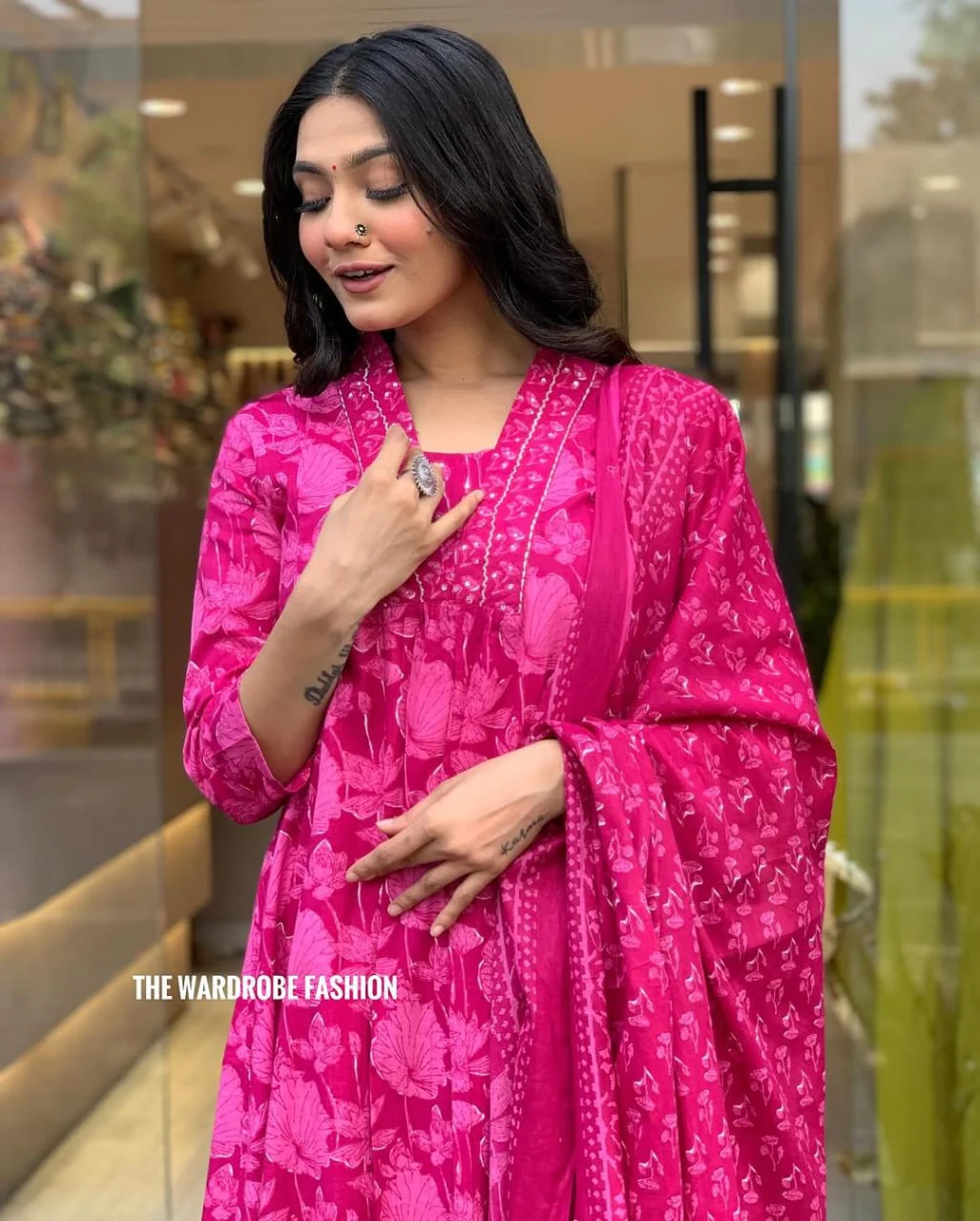 Women's Printed Cotton Anarkali Kurta & Pant With Dupatta Set - Image 2