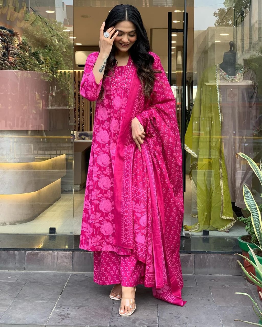 Women's Printed Cotton Anarkali Kurta & Pant With Dupatta Set - Image 5