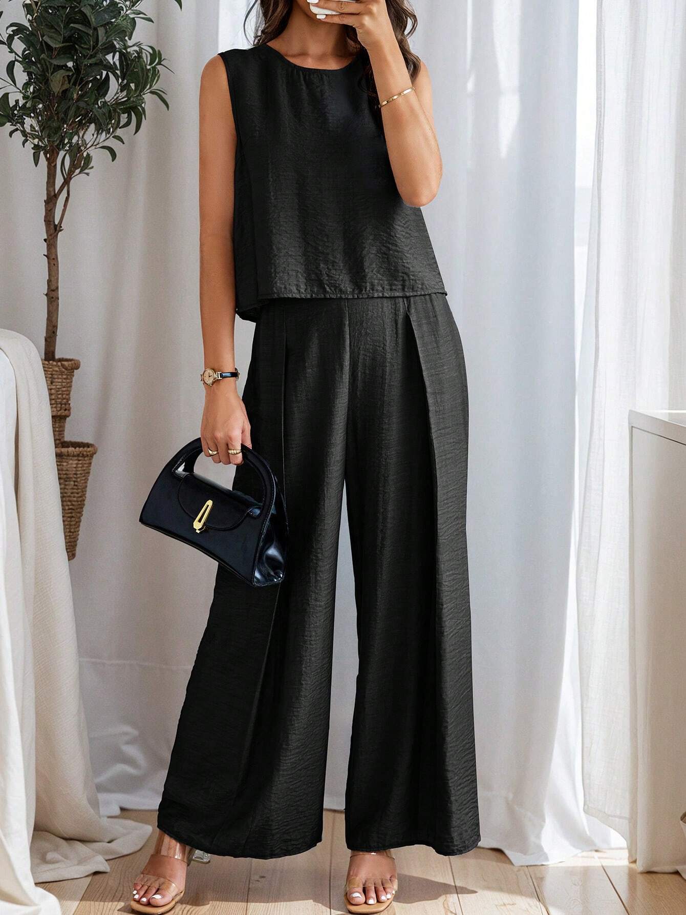 Women's Summer Solid Color Round Neck Top And Pleated Wide Leg Casual Casual Two-Piece Set - Image 3