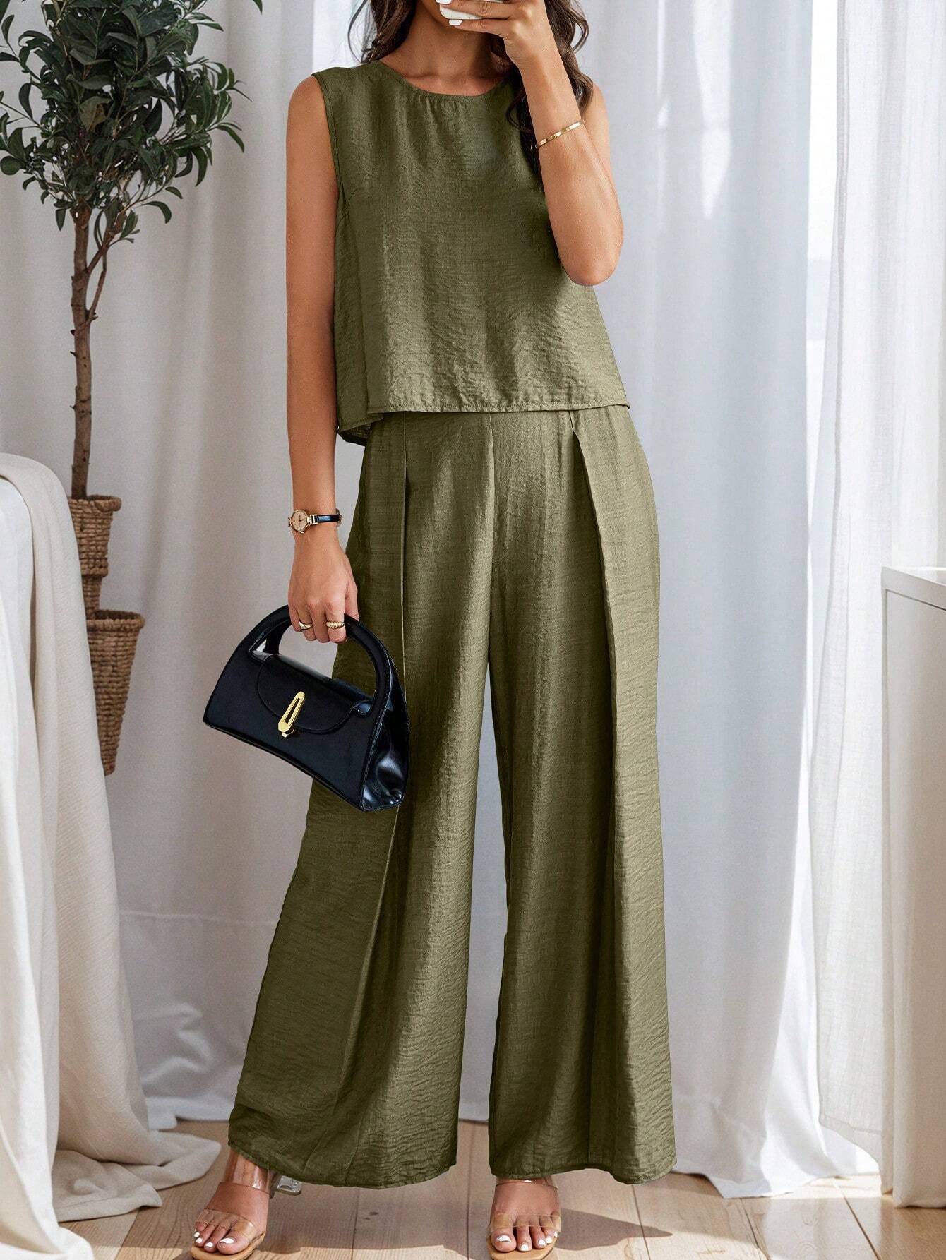 Women's Summer Solid Color Round Neck Top And Pleated Wide Leg Casual Casual Two-Piece Set - Image 3