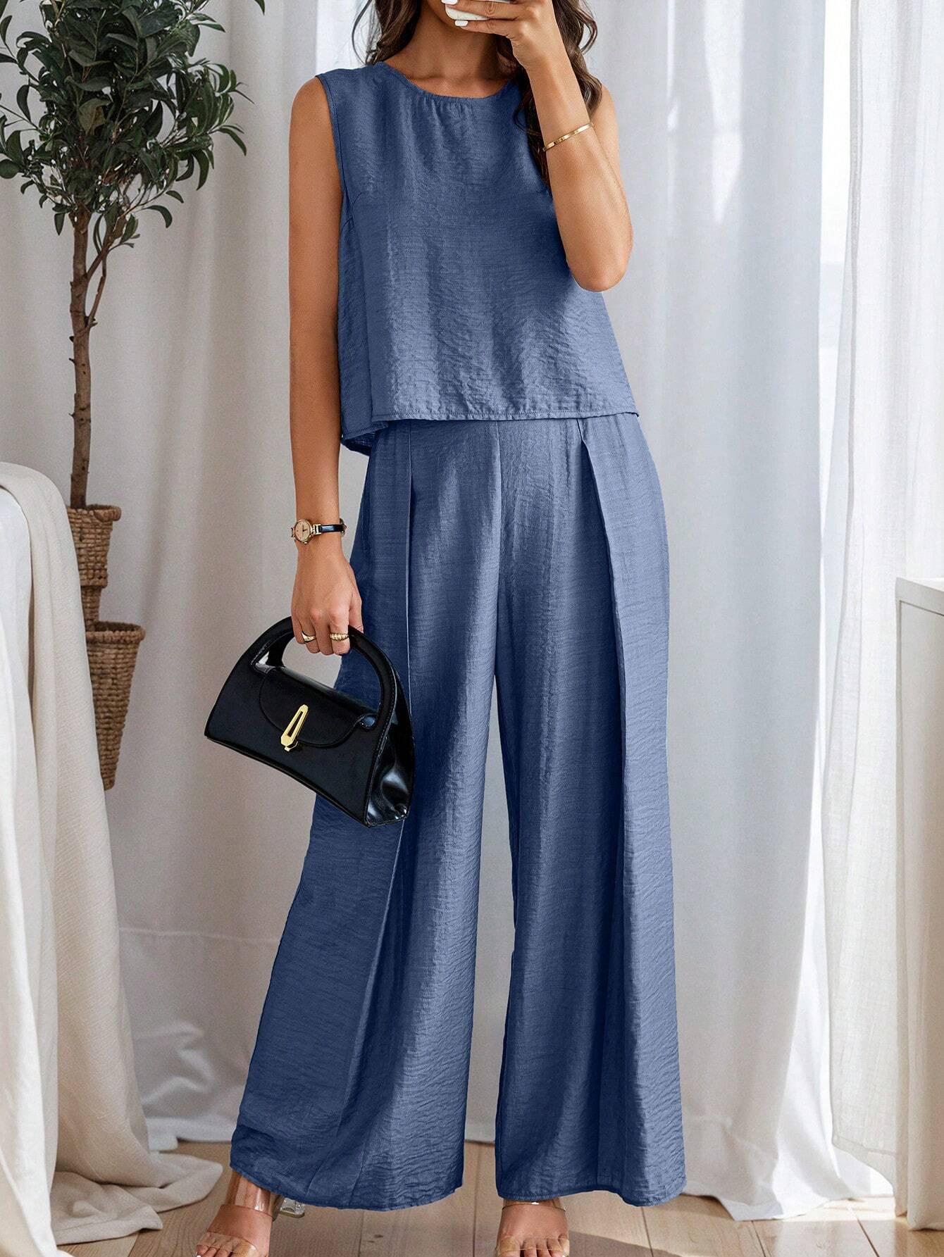 Women's Summer Solid Color Round Neck Top And Pleated Wide Leg Casual Casual Two-Piece Set - Image 3