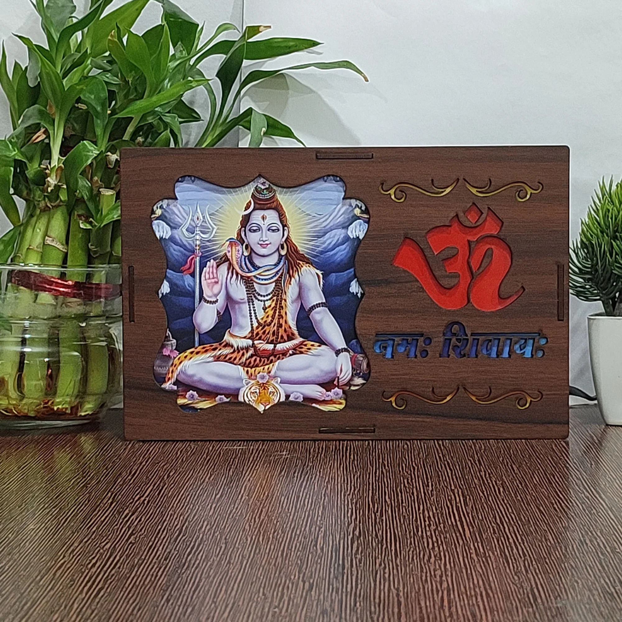 Wood Art Work Led Frame Wooden Color with Laser Cut Finish (Led Om Namaha Shivaya Frame) - Image 2