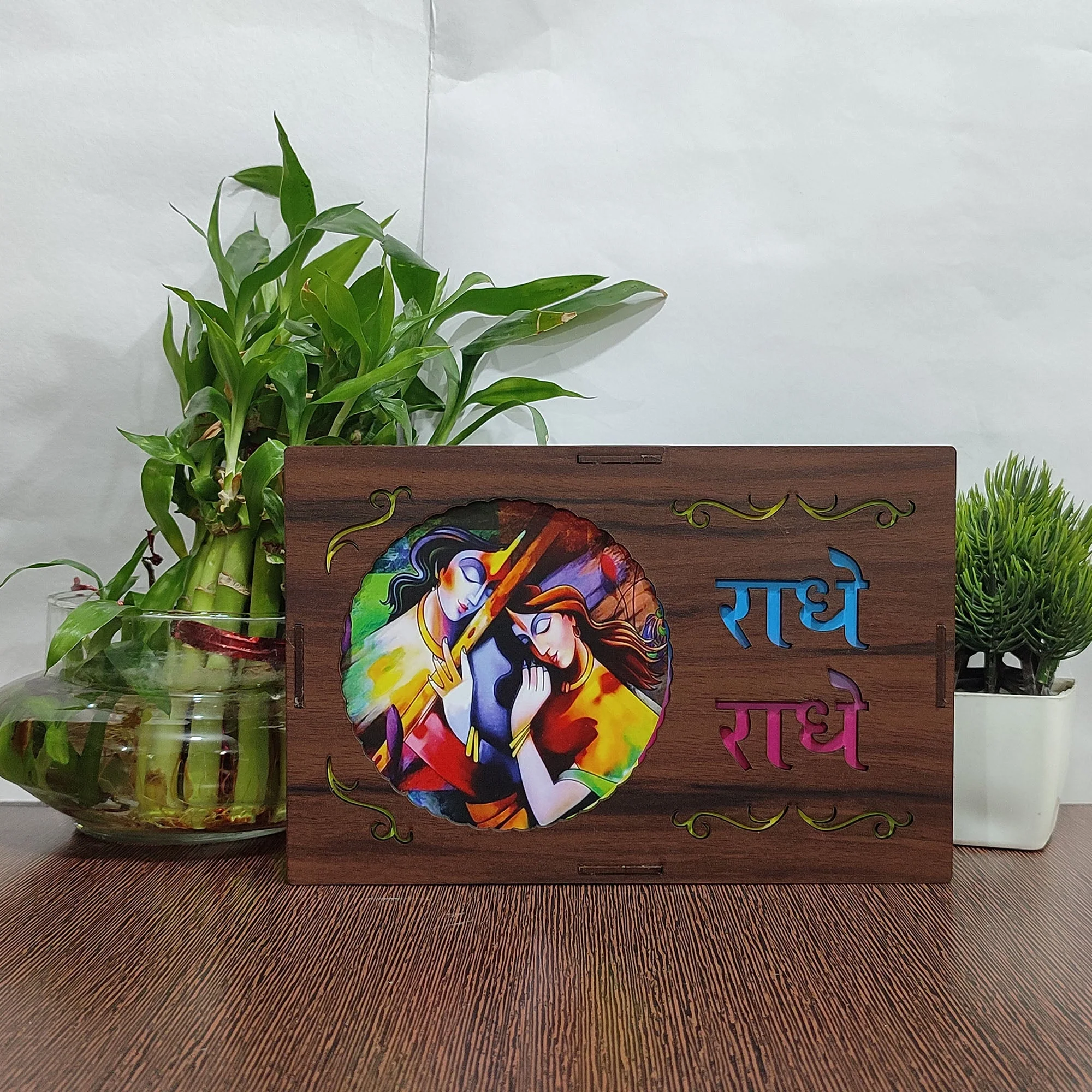 Wood Art Work Led Frame Wooden Color with Laser Cut Finish (Led Radhe Radhe Frame) - Image 2