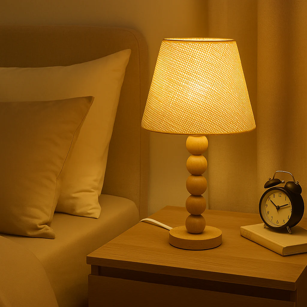 Wooden Table Lamp with Woven Fabric Shade | Bedside & Living Room Light