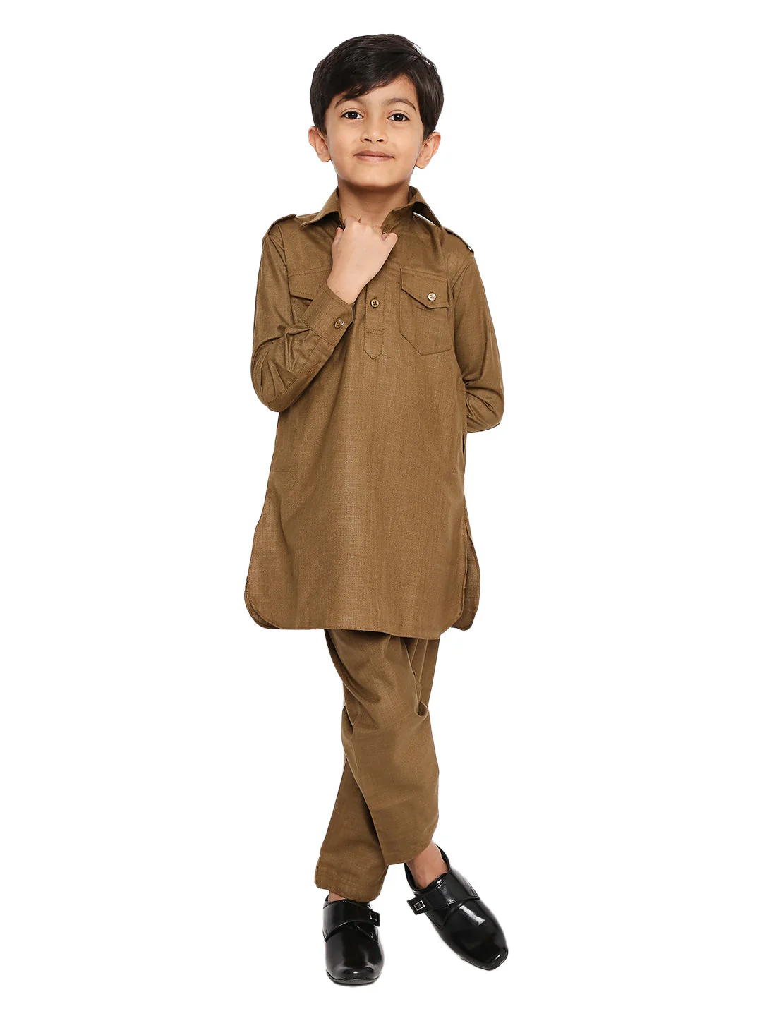 Wrinkle Free Poly Blend Pathani Set in Khaki