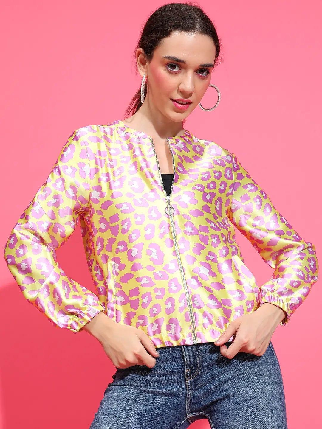 Yellow Animal Print Round Neck Long Sleeve Winter Wear Bomber Jacket
