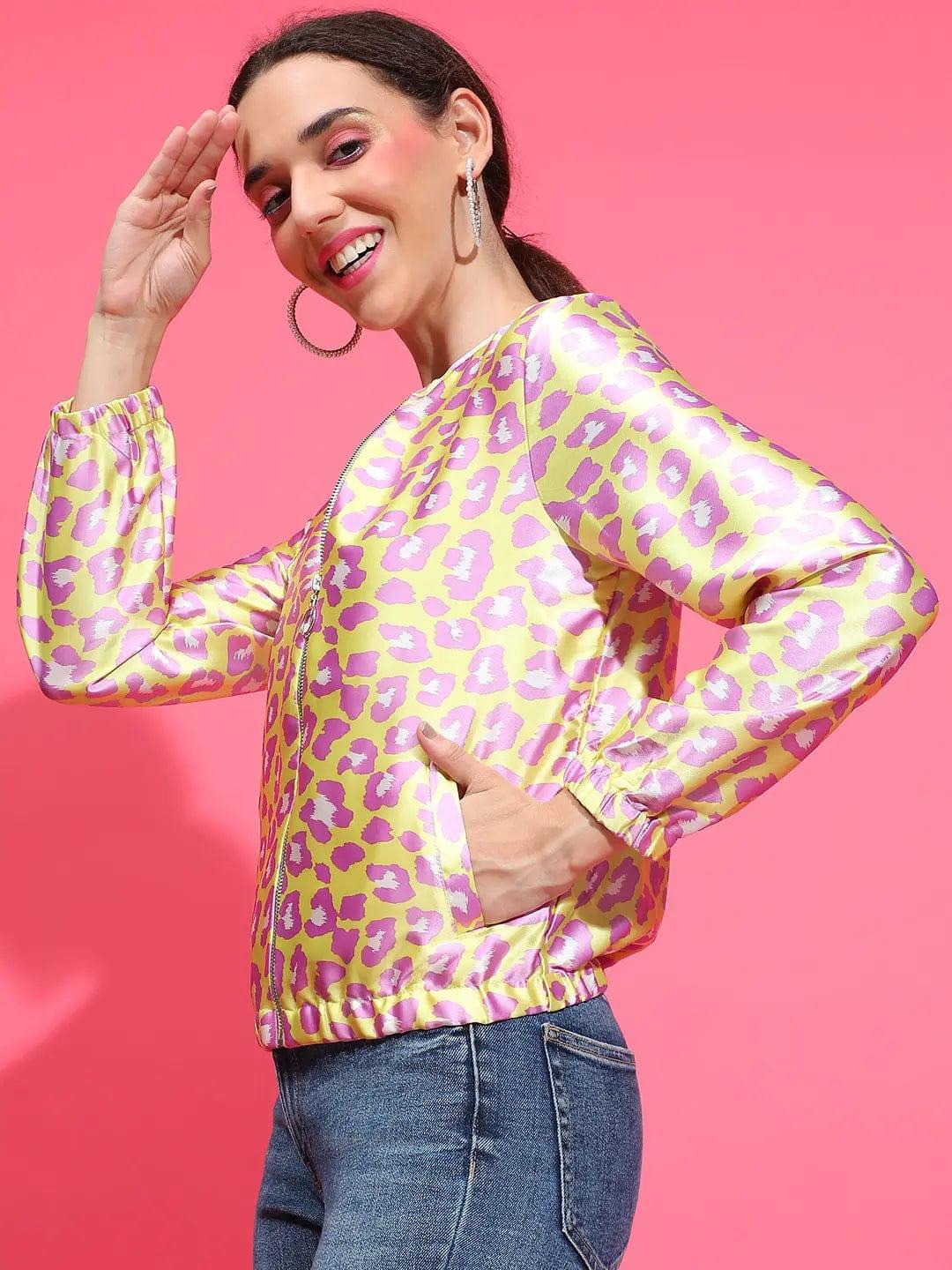 Yellow Animal Print Round Neck Long Sleeve Winter Wear Bomber Jacket - Image 3